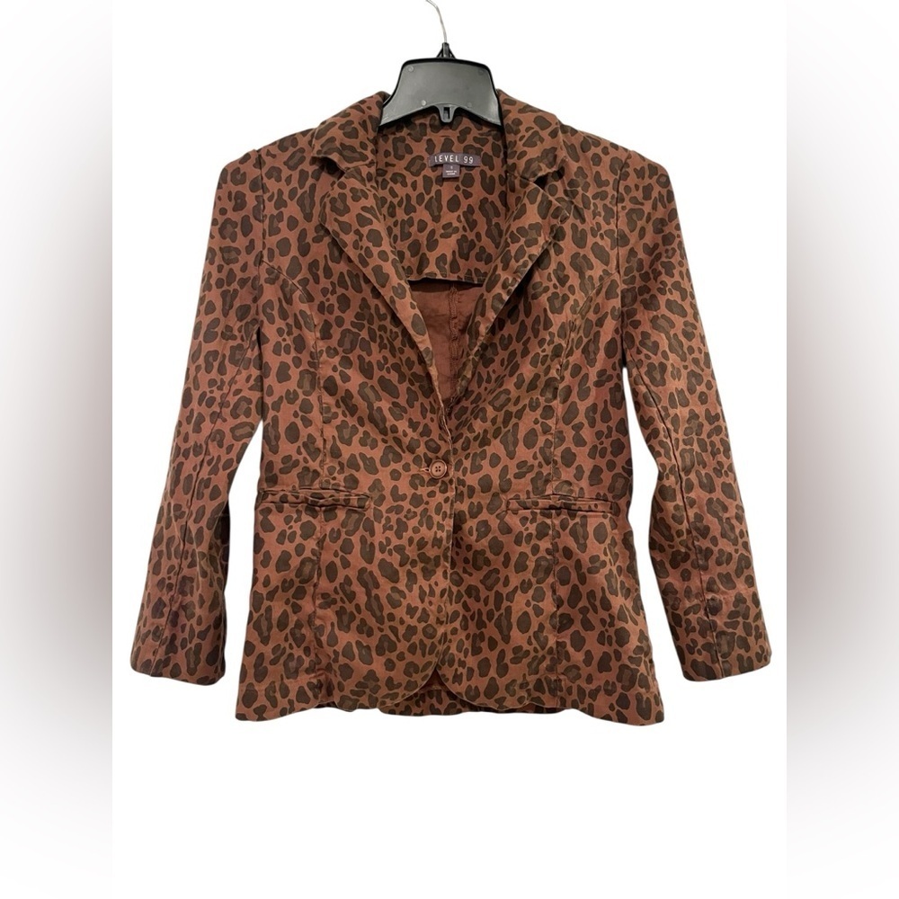 Level 99 Women's Linen Lyocell Leopard Print Blazer Sz S